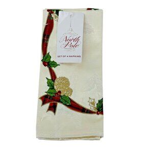 4 North Pole Trading Co Christmas Napkins Off White Cream Ribbon Holly New
